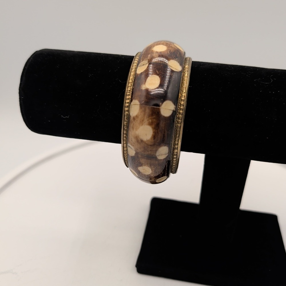Vintage Brass Bangle Bracelet Inlaid‎ Batik Bone Polka Dot Boho Ethnic 7.5 - Picture 6 of 10